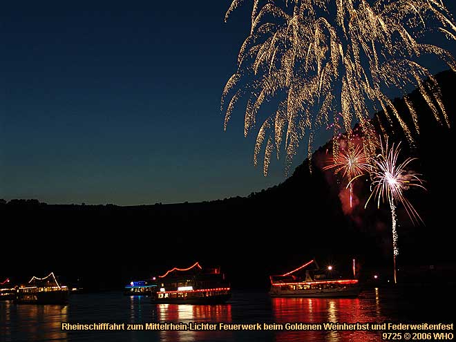 Rheinschifffahrt zum Mittelrhein-Lichter Feuerwerk beim Goldenen Weinherbst und Federweienfest